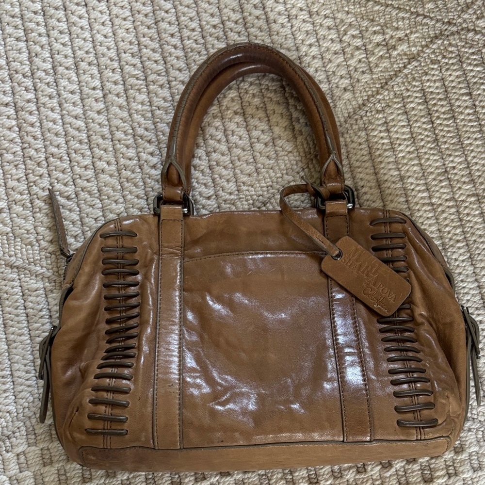 Cole Haan Cognac Brown Leather Shoulder Bag with Woven Side Detail